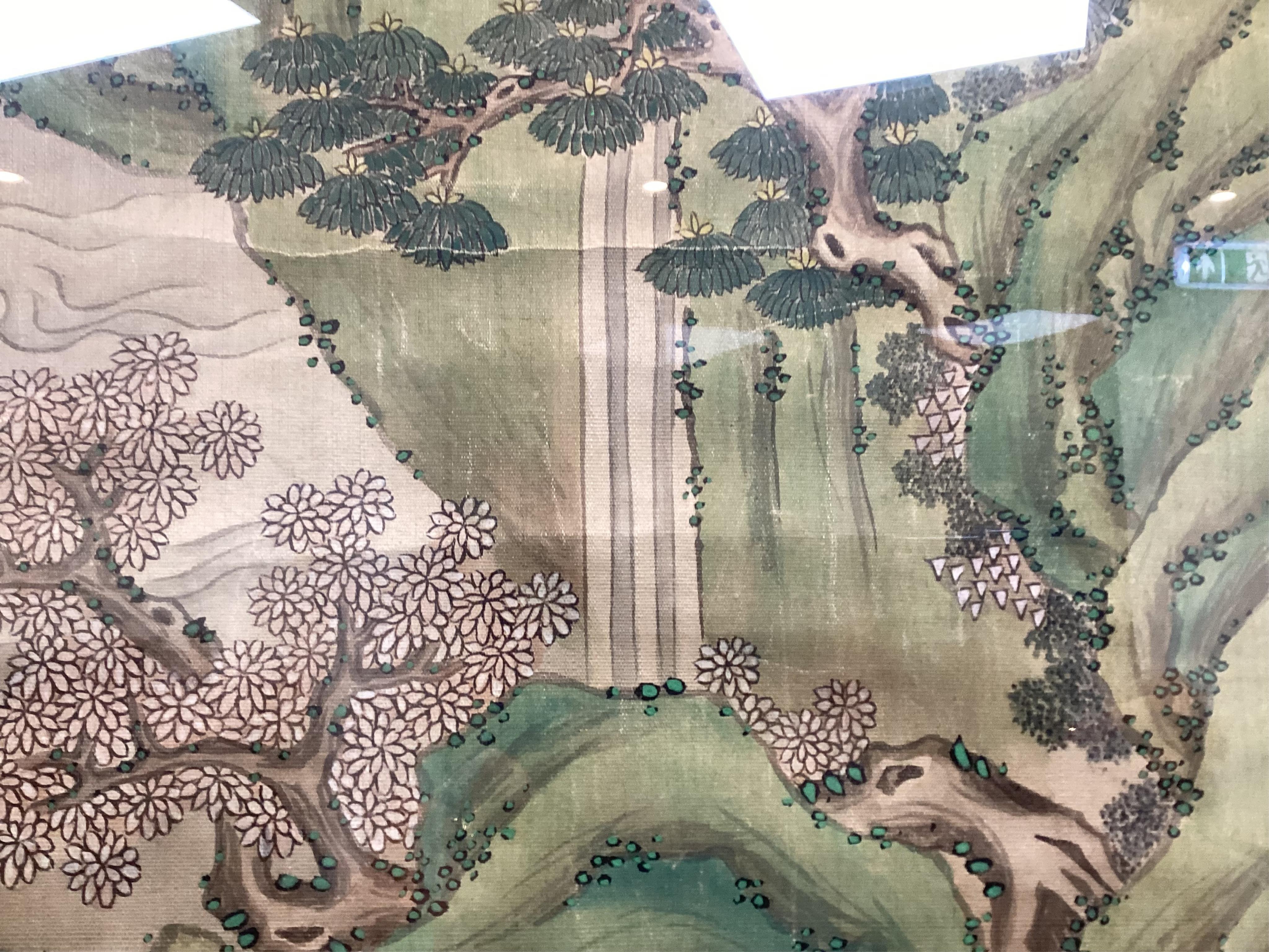 Chinese School , (late 19th century), Immortals in a landscape, Ink and colour on silk, 114.5cm x 40.5cm, excluding brocade border